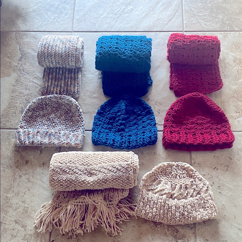 Cozy Knit Hat and Scarf Sets - Red, Blue, Beige and Brown White and Blue
